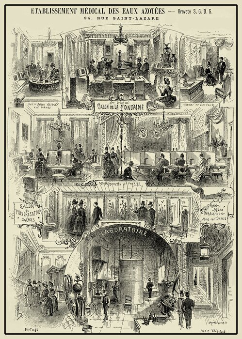 Poster Magazine page with advertising in French dated 1888 about medical establishment of healthcare with nitrogenous waters