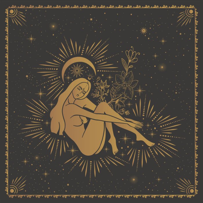 Poster magic girl, witch with the moon, tarot cards, occult symbol