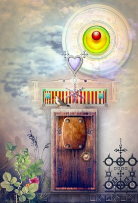 Magische deur in het mistige veld