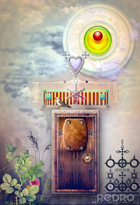 Poster Magische deur in het mistige veld