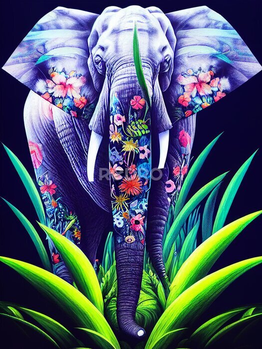 Poster Magische olifant in bloemen