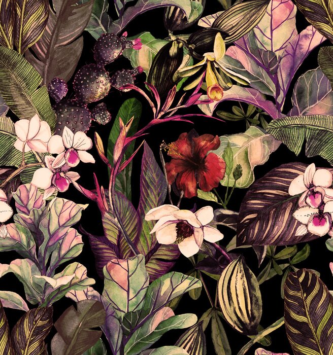 Poster Magnoliabloemen en tropische bladeren