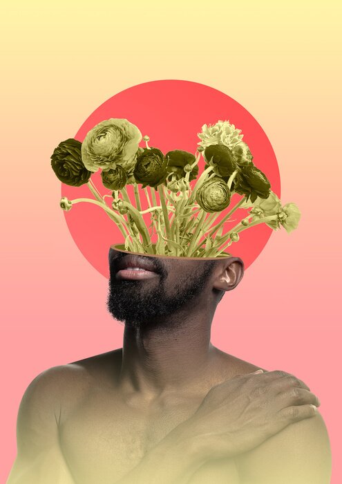 Poster Male body of african-american model with the head full of thoughts about flowers and sunrise. Trendy neon light and gradient yellow-pink background. Modern design. Contemporary art collage.