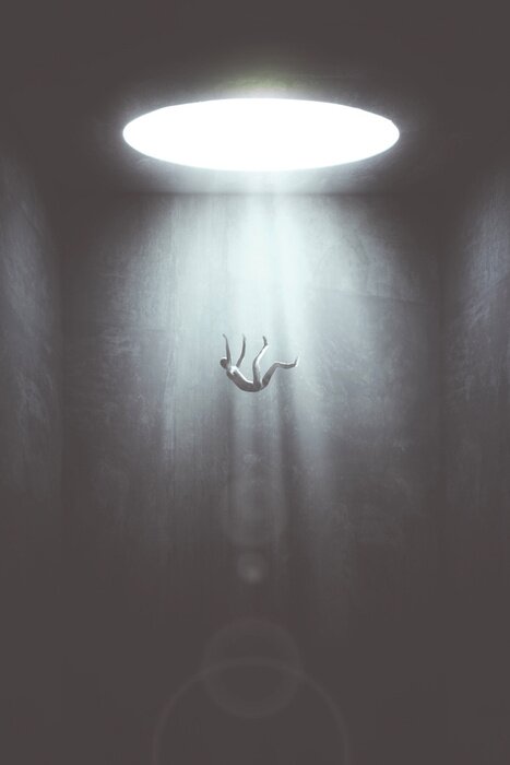 Poster man falling in the void from big hole, surreal concept