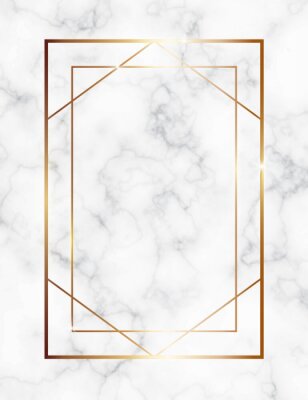 Poster Marble background with gold geometric frame. Luxury template for wedding invitation cards with white marble texture and golden geometric pattern.