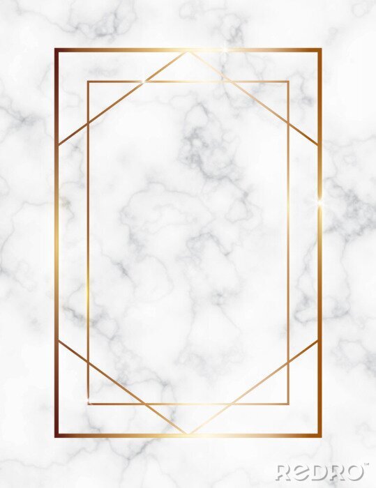 Poster Marble background with gold geometric frame. Luxury template for wedding invitation cards with white marble texture and golden geometric pattern.