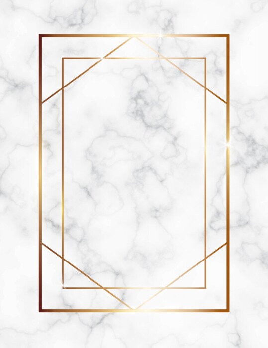 Poster Marble background with gold geometric frame. Luxury template for wedding invitation cards with white marble texture and golden geometric pattern.