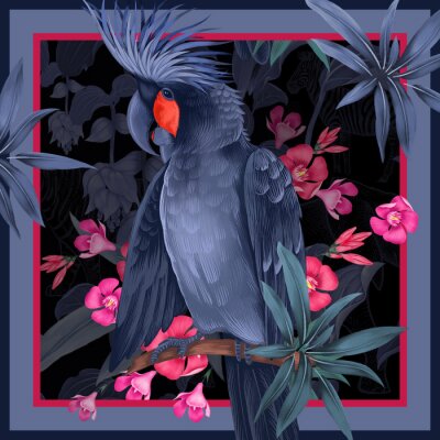 Poster Marineblauwe papegaai en roze bloemen