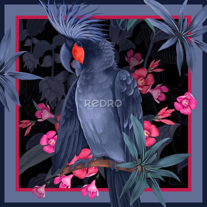 Poster Marineblauwe papegaai en roze bloemen
