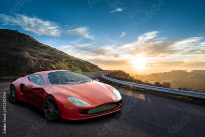 Poster Markenfreier concept Sportwagen vor Sonnenuntergang in den Bergen