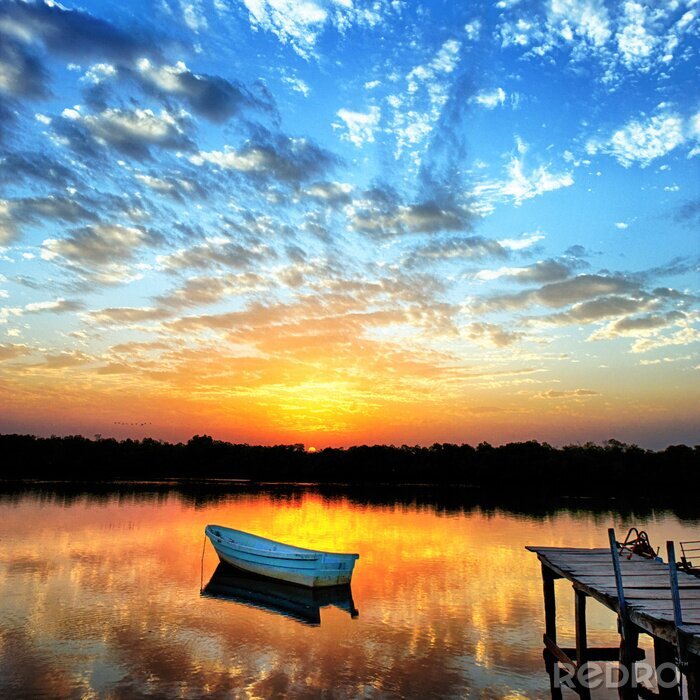 Poster Meerlandschap bij zonsondergang