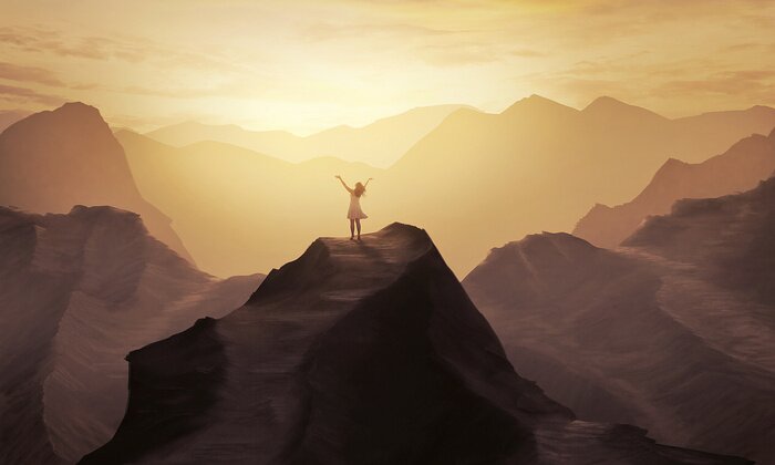 Poster Meisje bovenop de berg