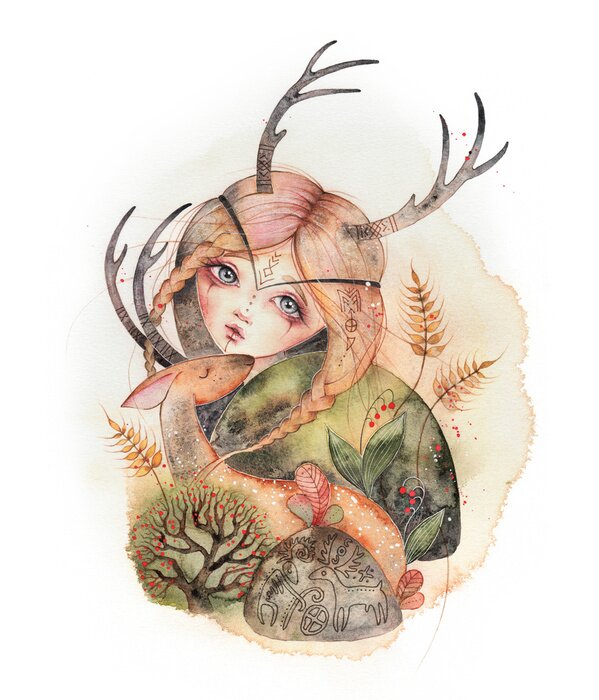 Poster Meisje en rendier fantasie sprookje