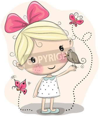 Poster Meisje met een roze strik en vlinders