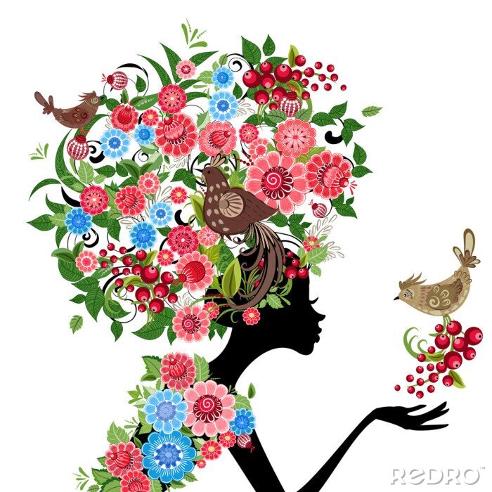 Poster meisje, mode, bloemen