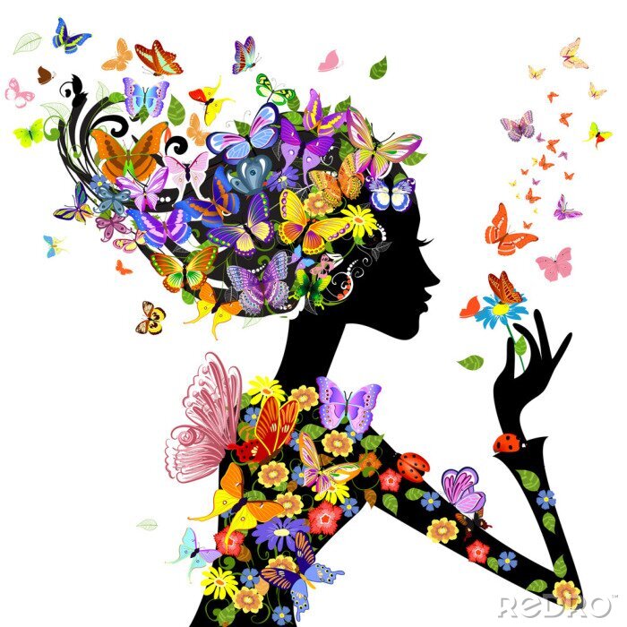 Poster meisje, mode, bloemen met vlinders