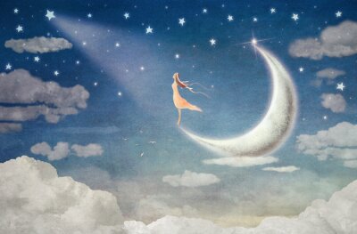 Poster Meisje op de maan verlicht door een ster