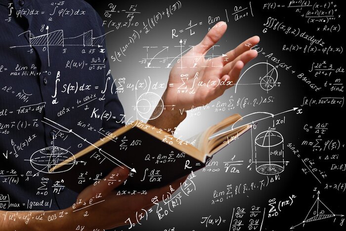 Poster Mens die een boek op een achtergrond met wetenschapsformules leest