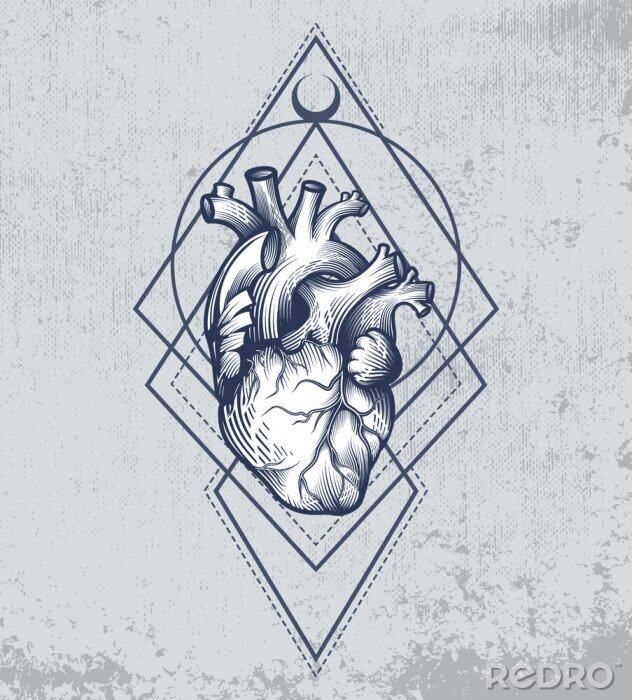 Poster Menselijk hart in gravuretechniek met heilige geometrie op grungeachtergrond. Anatomisch correcte hand getrokken lijntekeningen. Tattoo, t-shirt print ontwerp. Vector illustratie