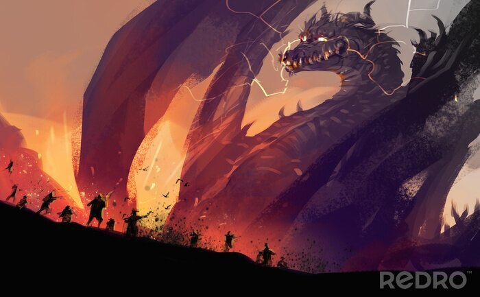 Poster Mensen tegen draken in een fantasiewereld