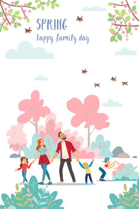 Poster Mensen wandelen in het park in het voorjaar