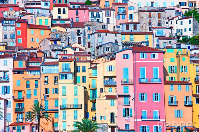 Poster Menton pastelkleuren huizen, Cote d Azur, Frankrijk