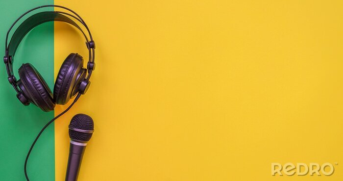 Poster Microphone and headphone on a yellow background