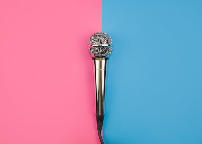 Poster Microphone for karaoke on a pink-blue background.