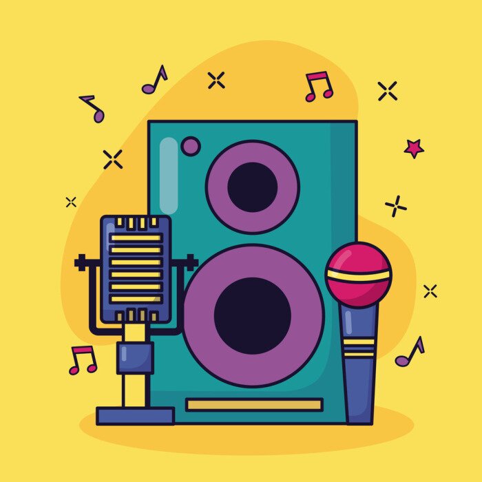Poster microphones speaker music colorful background