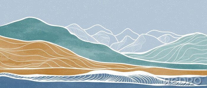 Poster Mid century modern mountain art print. Abstract contemporary aesthetic backgrounds landscapes. illustration of mountain, sea, sky and sun