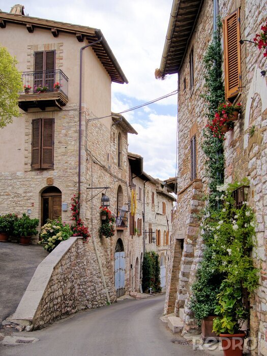 Poster Middeleeuwse straat in de Italiaanse heuvels van de stad Assisi