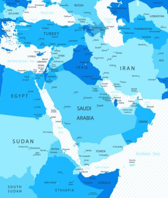 Midden-Oosten en Azië Kaart Blauwe Kleuren Map