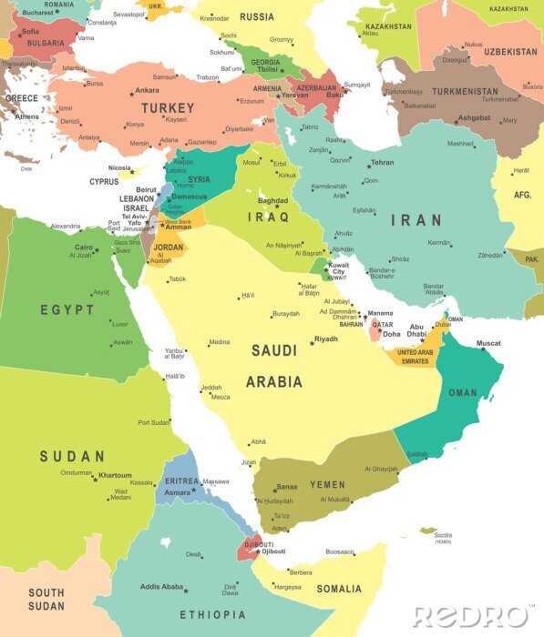 Poster Midden-Oosten en Azië kaart - Zeer gedetailleerde vector illustratie.