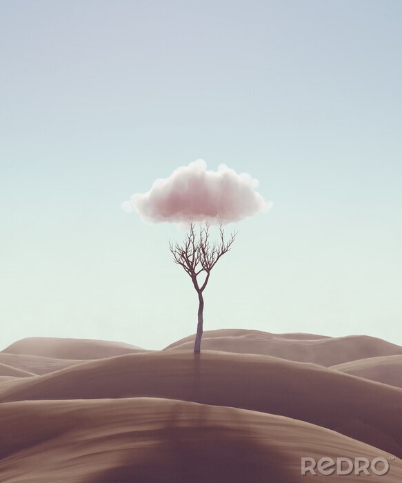 Poster Mimimalism Concept of hope and loneliness. Lonely tree in desert with cloud abstract metaphor. 3d illustration