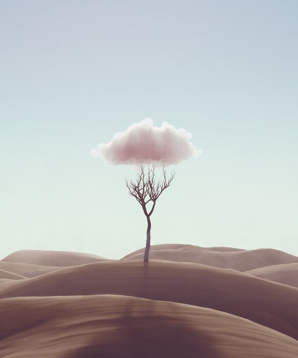 Poster Mimimalism Concept of hope and loneliness. Lonely tree in desert with cloud abstract metaphor. 3d illustration