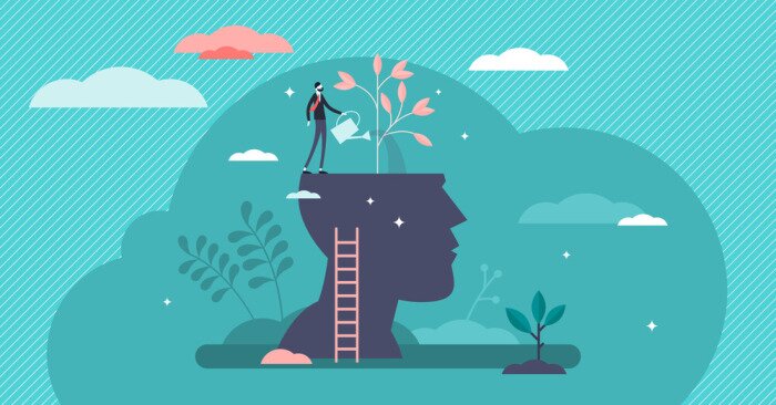 Poster Mind growth progress concept, flat tiny person vector illustration