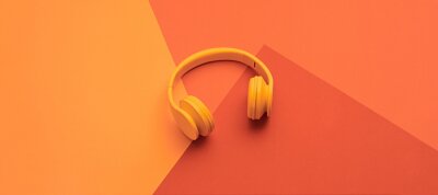 Poster Minimal fashion, Trendy coral neon headphones. Music vibration on geometry background. Hipster DJ accessory Flat lay. Art creative summer vibes, fashionable pop art style. Bright neon color, banner