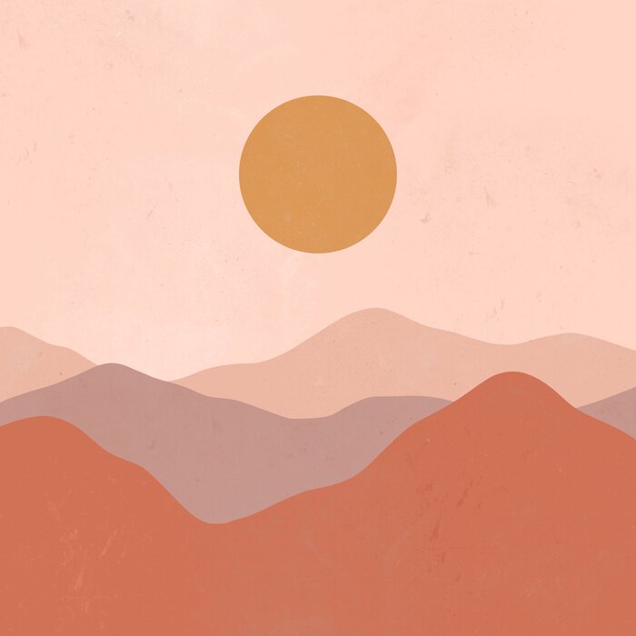 Poster Minimalist landscape mountain sun texture mid-century modern illustration