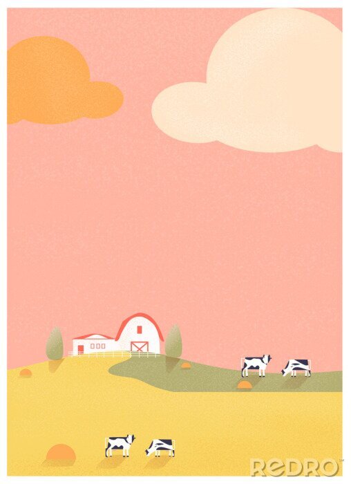 Poster Minimalist landscape poster design,a spring or summer scenery landscape, small house on the organic cattle farm, countryside farm with mountains and small house on the hill with clouds