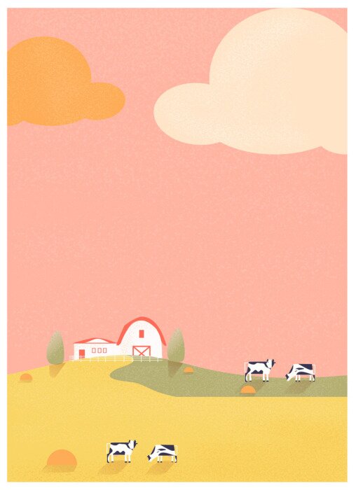 Poster Minimalist landscape poster design,a spring or summer scenery landscape, small house on the organic cattle farm, countryside farm with mountains and small house on the hill with clouds