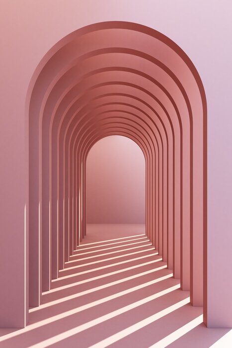 Poster Minimalistic, pinkpastel arch hallway architectural corridor with empty wall. 3d render, minimal.