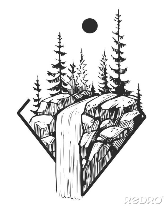 Poster Minimalistisch landschap met een waterval