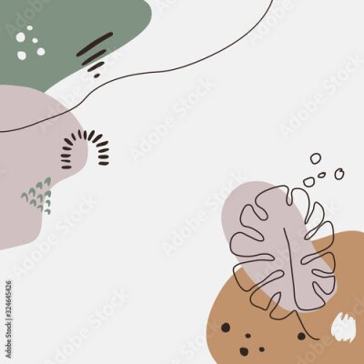 Poster Minimalistische grafische vormgeving met bladeren en pastelkleuren.
