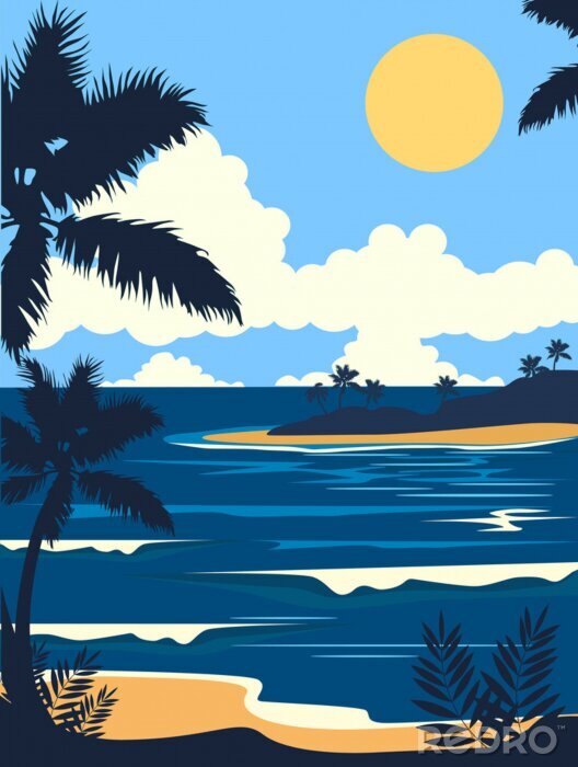 Poster Minimalistische illustratie van een palmboom aan de kust
