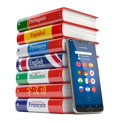 Poster Mobile dictionary, translator  and e-learning.concept . Learning languages online.  Smartphone and books with language courses.