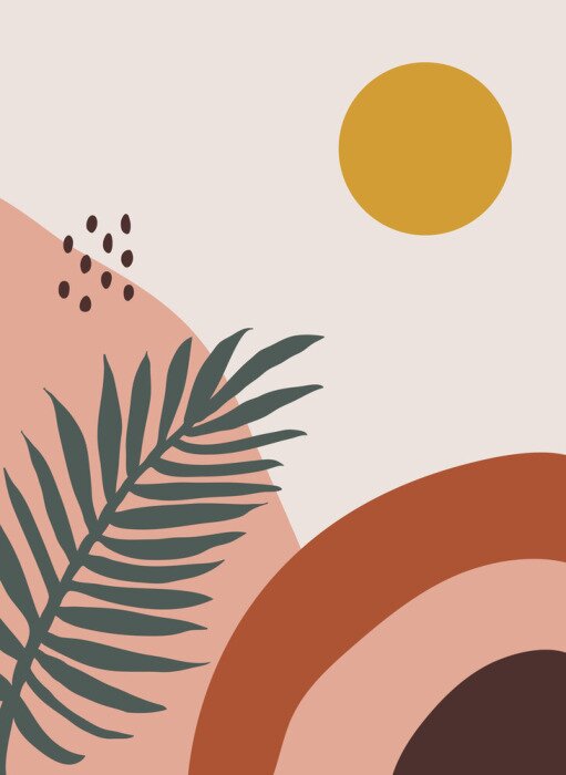 Poster Modern abstract aesthetic background with hand drawn shapes and leaves. Wall decor in boho style. Mid century vector print for cover, wallpaper, card, social media, interior decor	