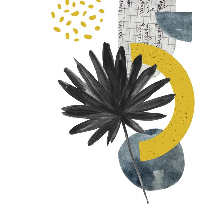 Poster Modern art illustration with tropical palm leaf, grainy grunge textures, doodles, minimal elements