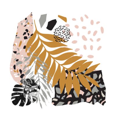 Modern vector illustration with tropical leaves, grunge, marbling, terrazzo flooring textures, doodles, minimal elements.