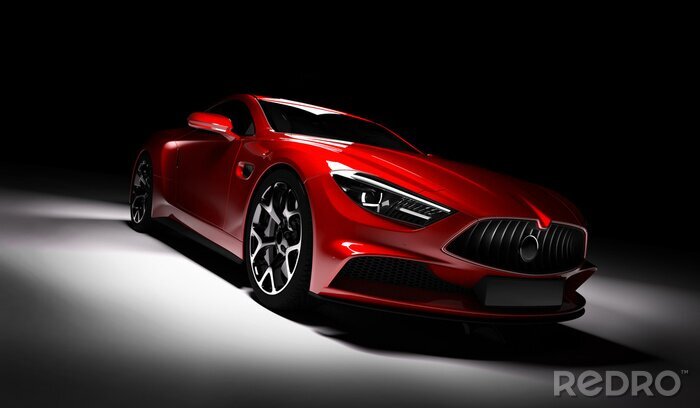 Poster Moderne rode sportwagen in een schijnwerper op een zwarte achtergrond.