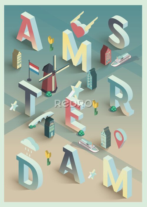 Poster Moderne typografie 3D Amsterdam stad